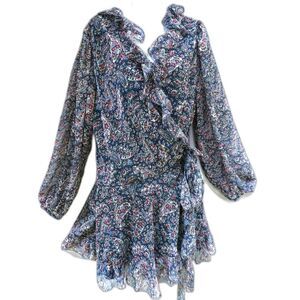 NEW Abercrombie & Fitch Frilly Blue Floral Wrap Dress Long Sleeve Ruffled Lined